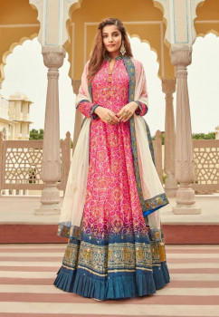 Pink Pure Dola Jacquard Digitally Printed Party-Wear Readymade Gown With Dupatta