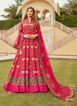 Dark Pink Pure Dola Jacquard Digitally Printed Party-Wear Readymade Gown With Dupatta