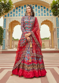 Red & Sea Blue Pure Dola Jacquard Digitally Printed Party-Wear Readymade Gown With Dupatta