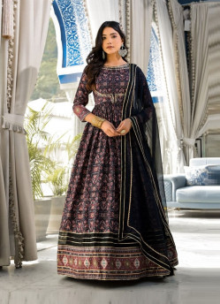 Black Dola Silk Digitally Printed Readymade Gown With Chinon Dupatta For Traditional / Religious Occasions