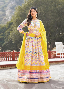 White & Yellow Dola Silk Digitally Printed Readymade Gown With Chinon Dupatta For Traditional / Religious Occasions