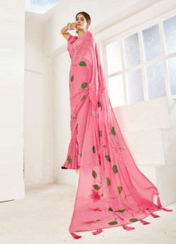 Pink Georgette Handprinted Saree For Kitty Parties