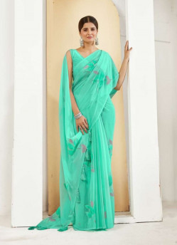Aqua Georgette Handprinted Saree For Kitty Parties