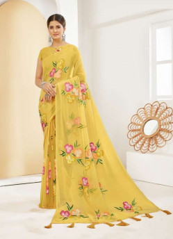 Yellow Georgette Handprinted Saree For Kitty Parties