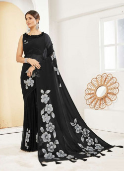 Black Georgette Handprinted Saree For Kitty Parties