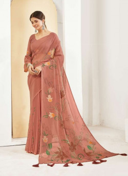 Brownish Pink Georgette Handprinted Saree For Kitty Parties