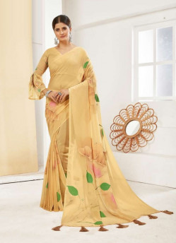 Creamy Yellow Georgette Handprinted Saree For Kitty Parties