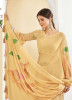 Creamy Yellow Georgette Handprinted Saree For Kitty Parties