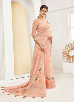 Light Salmon Pink Georgette Handprinted Saree For Kitty Parties
