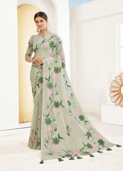 Light Sage Green Georgette Handprinted Saree For Kitty Parties