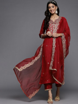Women Red Ethnic Motifs Embroidered Sequinned Liva Kurta with Trousers & Dupatta