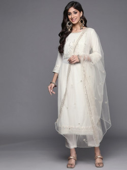 Women White Ethnic Motifs Embroidered Kurta with Trousers & With Dupatta