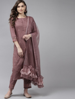 Women Purple Floral Embroidered Regular Kurta with Trousers & With Dupatta