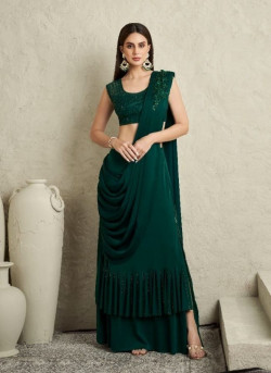 Teal Green Imported Lycra Silk Mirror & Sequins Work Wedding-Wear Ready-To-Wear Saree