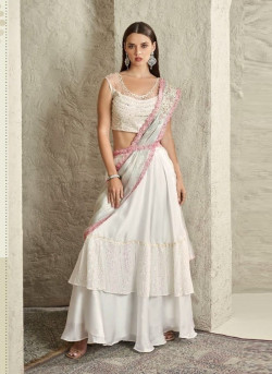 White Imported Satin Georgette Mirror & Sequins Work Wedding-Wear Ready-To-Wear Saree With Belt