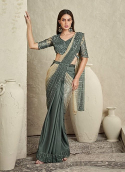 Sage Blue Imported Lycra Zari Net Satin Silk Mirror & Sequins Work Wedding-Wear Ready-To-Wear Saree With Belt
