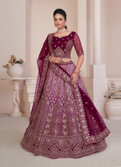 Purple Net Handwork Wedding-Wear Bridal Lehenga Choli