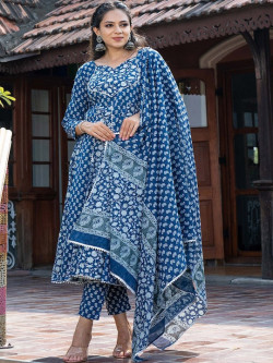 Ethnic Motifs Printed Empire Pure Cotton Kurta With Trousers & With Dupatta
