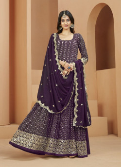 Purple Georgette Embroidered Party-Wear Floor-Length Salwar Kameez
