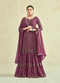 Mauve Pink Real Georgette Sequins-Work Party-Wear Readymade Gown With Dupatta