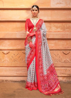 White & Red Printed Festive-Wear Patola Silk Saree
