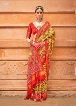 Yellow & Red Printed Festive-Wear Patola Silk Saree