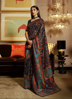 Black Woven Silk Kashmiri Saree For Traditional / Religious Occasions
