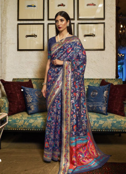 Blue Woven Silk Kashmiri Saree For Traditional / Religious Occasions