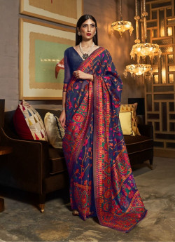 Navy Blue Woven Silk Kashmiri Saree For Traditional / Religious Occasions