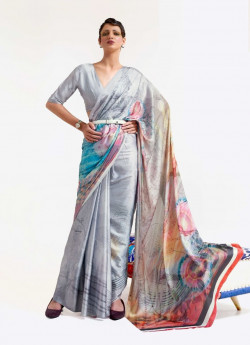 Silver Gray Silk Digitally Printed Resort-Wear Vibrant Saree