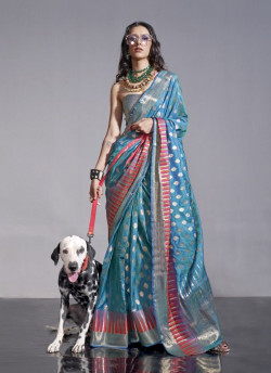 Light Sky Blue Woven Silk Handloom Saree For Traditional / Religious Occasions