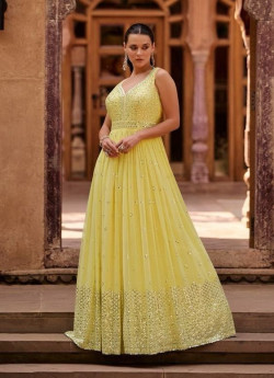 Yellow Georgette Mirror-Work Party-Wear Readymade Gown With Dupatt