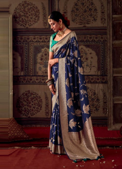 Blue Kanjivaram Woven Silk Party-Wear Saree