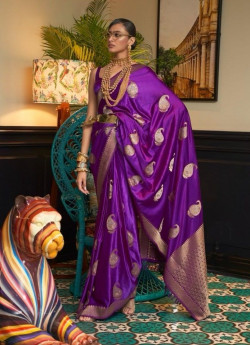 Purple Nylon Satin Woven Handloom Saree For Traditional / Religious Occasions