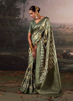 Sage Green Woven Linen-Cotton Saree For Traditional / Religious Occasions