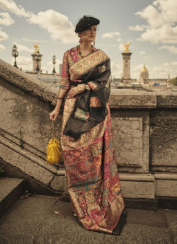 Black Modal Woven Silk Kashmiri Saree For Traditional / Religious Occasions