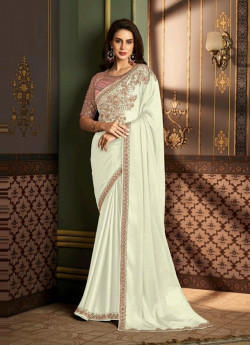 White Silk Embroidered Party-Wear Saree
