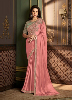Salmon Pink Silk Embroidered Party-Wear Saree