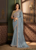 Steel Blue Silk Embroidered Party-Wear Saree