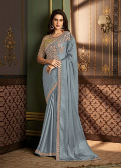Steel Blue Silk Embroidered Party-Wear Saree