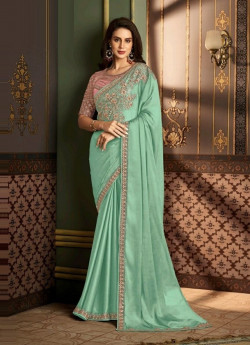 Mint Green Silk Embroidered Party-Wear Saree