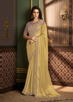 Creamy Yellow Silk Embroidered Party-Wear Saree