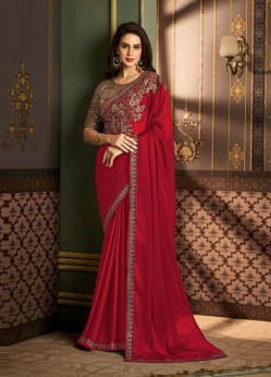 Red Silk Embroidered Festive-Wear Saree