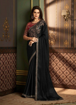 Black Silk Embroidered Festive-Wear Saree