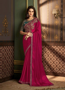 Magenta Silk Embroidered Festive-Wear Saree