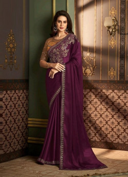 Dark Purple Silk Embroidered Festive-Wear Saree
