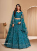 Sea Blue Net Embroidered Wedding-Wear Bridal Lehenga Choli With Can-Can