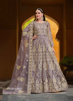 Lavender Net Embroidered Floor-Length Salwar Kameez For Traditional / Religious Occasions