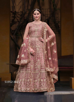Dark Pink Net Embroidered Floor-Length Salwar Kameez For Traditional / Religious Occasions