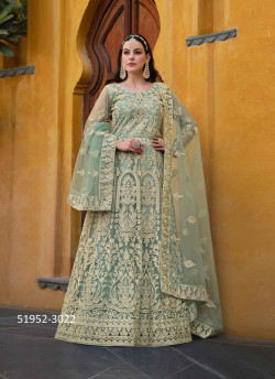 Sage Green Net Embroidered Floor-Length Salwar Kameez For Traditional / Religious Occasions